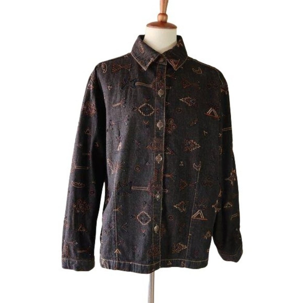 Vintage Boho Brown Denim Embroidered Jacket
